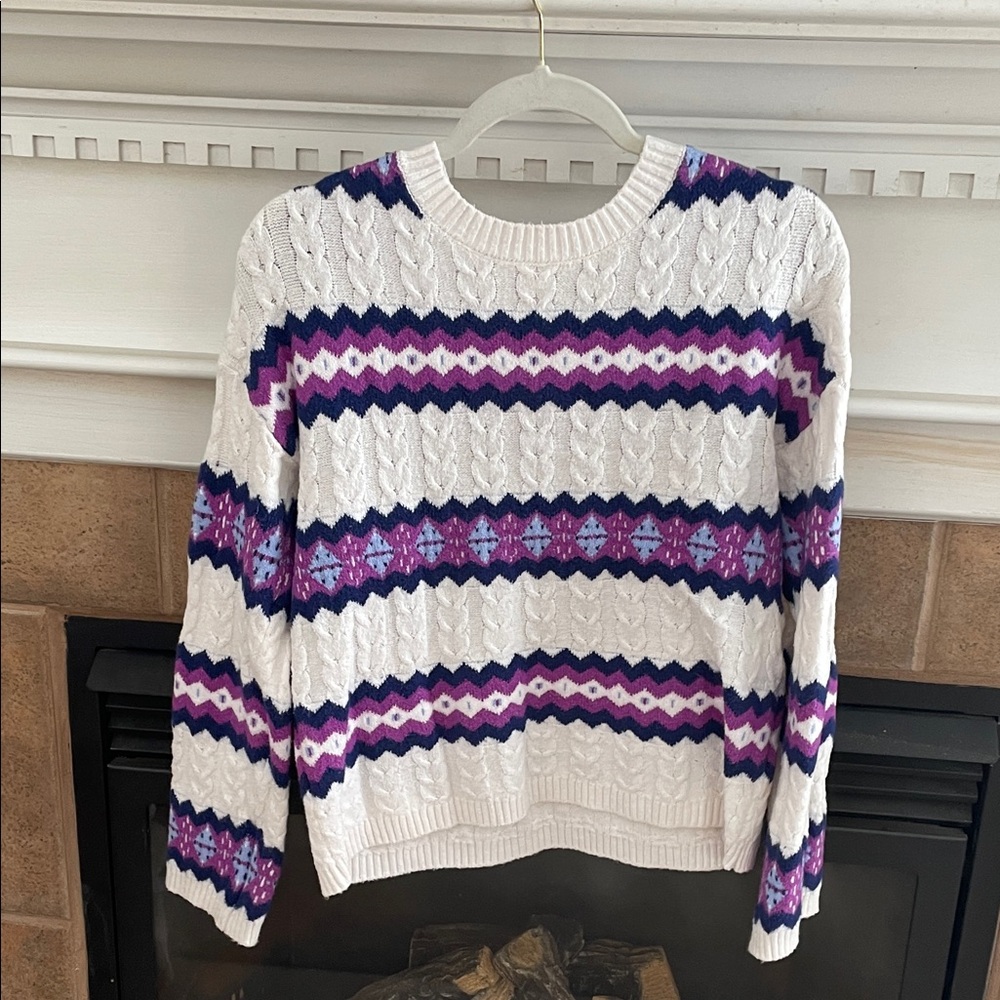 LOFT White Sweater with Purple and Pink Pattern